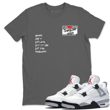 Sneakerhead Badge sneaker match t-shirt styled to complete your fit with the Air Jordan 4 White Cement sneakers, shown in Cool Grey 1.