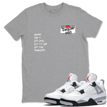 Sneakerhead Badge sneaker match t-shirt styled to complete your fit with the Air Jordan 4 White Cement sneakers, shown in Heather Grey 1.