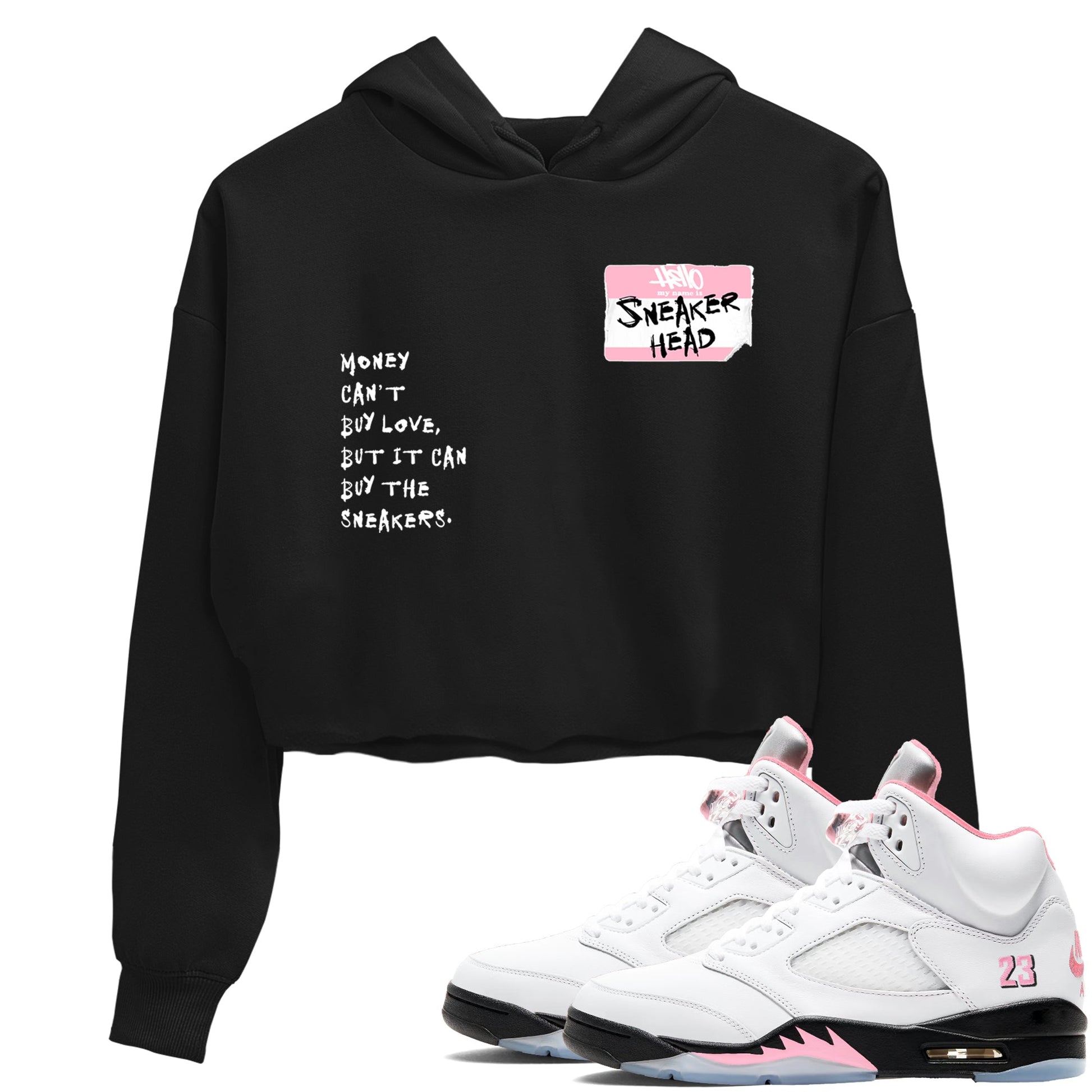 Sneaker match tees – Sneaker Tees To Match Air Jordan 5 Medium Soft Pink Shoes – Sneakerhead Badge Crop T-Shirt Black 1