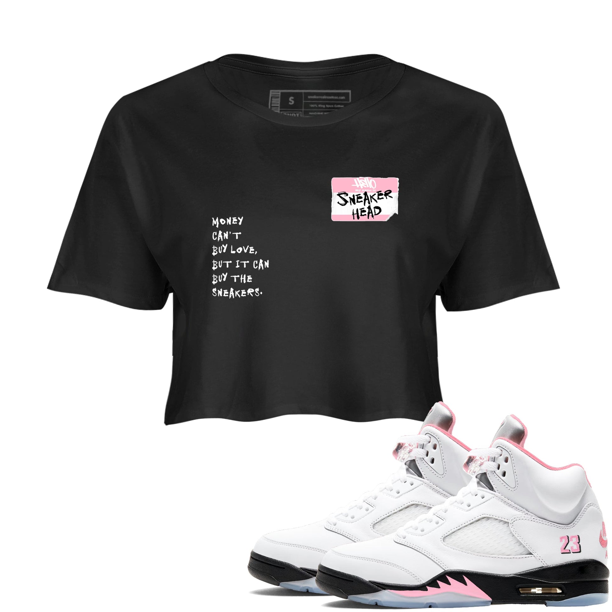 Sneaker match tees – Sneaker Tees To Match Air Jordan 5 Medium Soft Pink Shoes – Sneakerhead Badge Crop T-Shirt Black 1