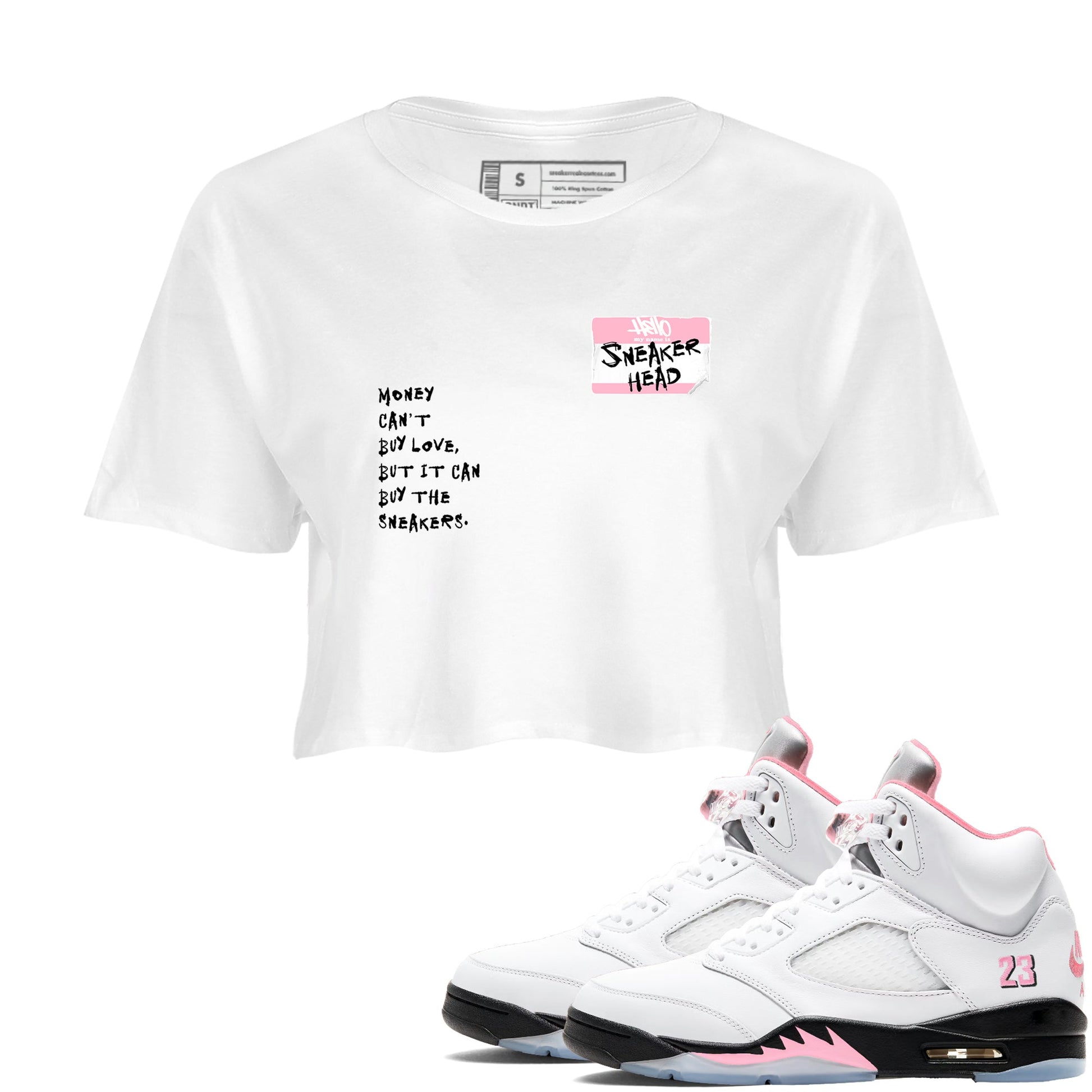 Sneaker match tees – Sneaker Tees To Match Air Jordan 5 Medium Soft Pink Shoes – Sneakerhead Badge Crop T-Shirt White 1