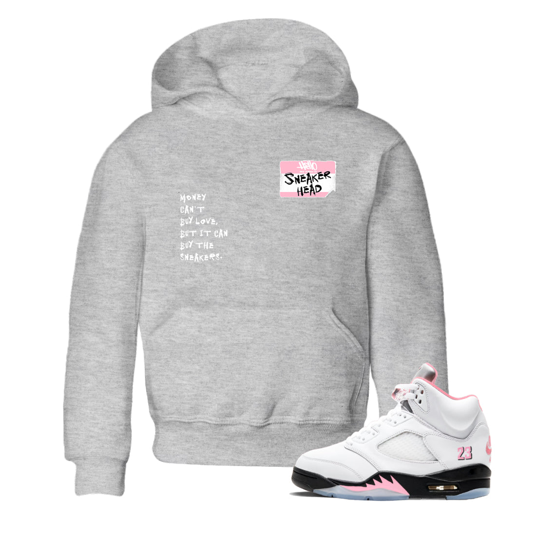 Sneaker match tees – Sneaker Tees To Match Air Jordan 5 Medium Soft Pink Shoes – Sneakerhead Badge Kids T-Shirt Heather Grey 1