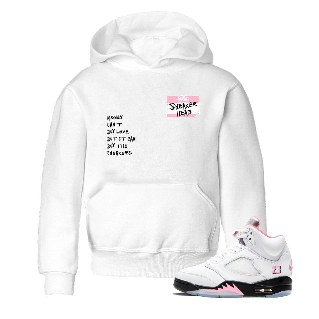 Sneaker match tees – Sneaker Tees To Match Air Jordan 5 Medium Soft Pink Shoes – Sneakerhead Badge Kids T-Shirt White 1