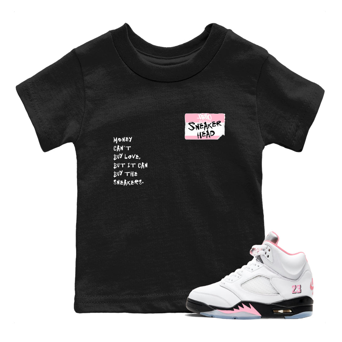 Sneaker match tees – Sneaker Tees To Match Air Jordan 5 Medium Soft Pink Shoes – Sneakerhead Badge Kids T-Shirt Black 1