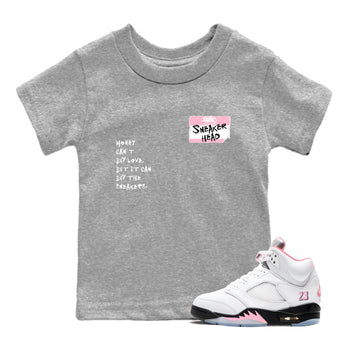 Sneaker match tees – Sneaker Tees To Match Air Jordan 5 Medium Soft Pink Shoes – Sneakerhead Badge Kids T-Shirt Heather Grey 1
