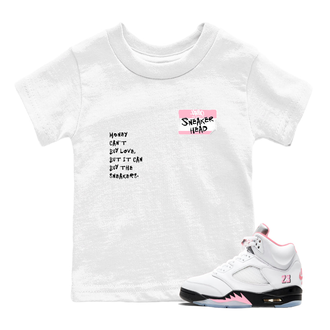 Sneaker match tees – Sneaker Tees To Match Air Jordan 5 Medium Soft Pink Shoes – Sneakerhead Badge Kids T-Shirt White 1