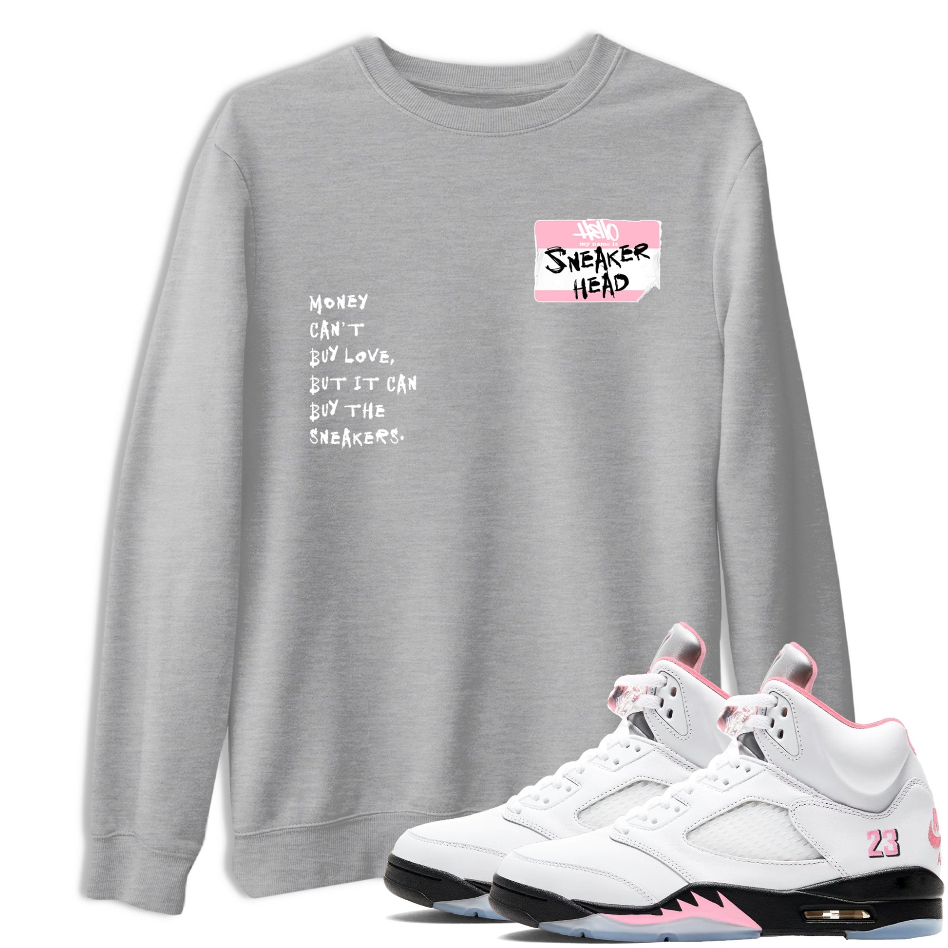 Sneaker match tees – Sneaker Tees To Match Air Jordan 5 Medium Soft Pink Shoes – Sneakerhead Badge Tee Heather Grey 1