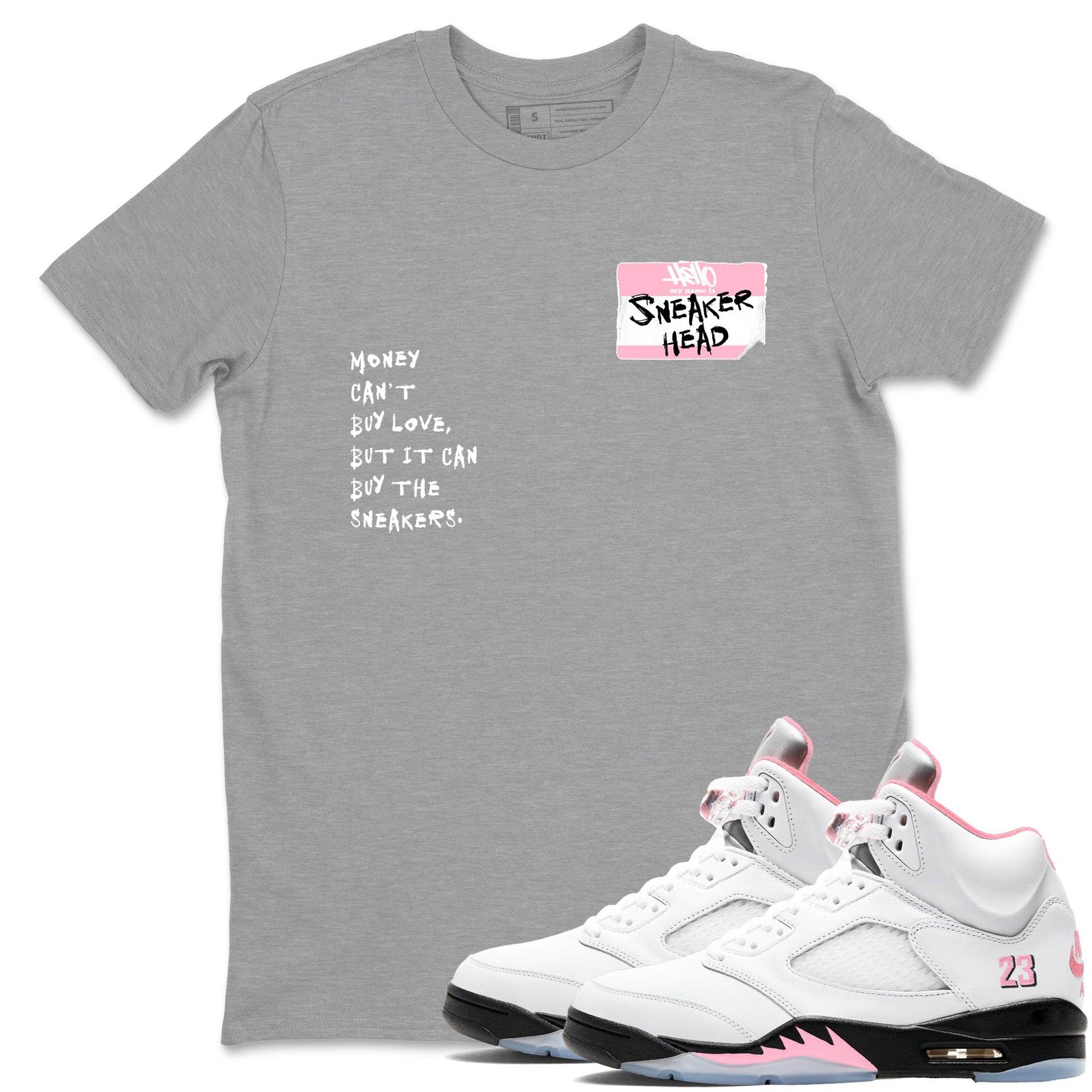 Sneaker match tees – Sneaker Tees To Match Air Jordan 5 Medium Soft Pink Shoes – Sneakerhead Badge Tee Heather Grey 1