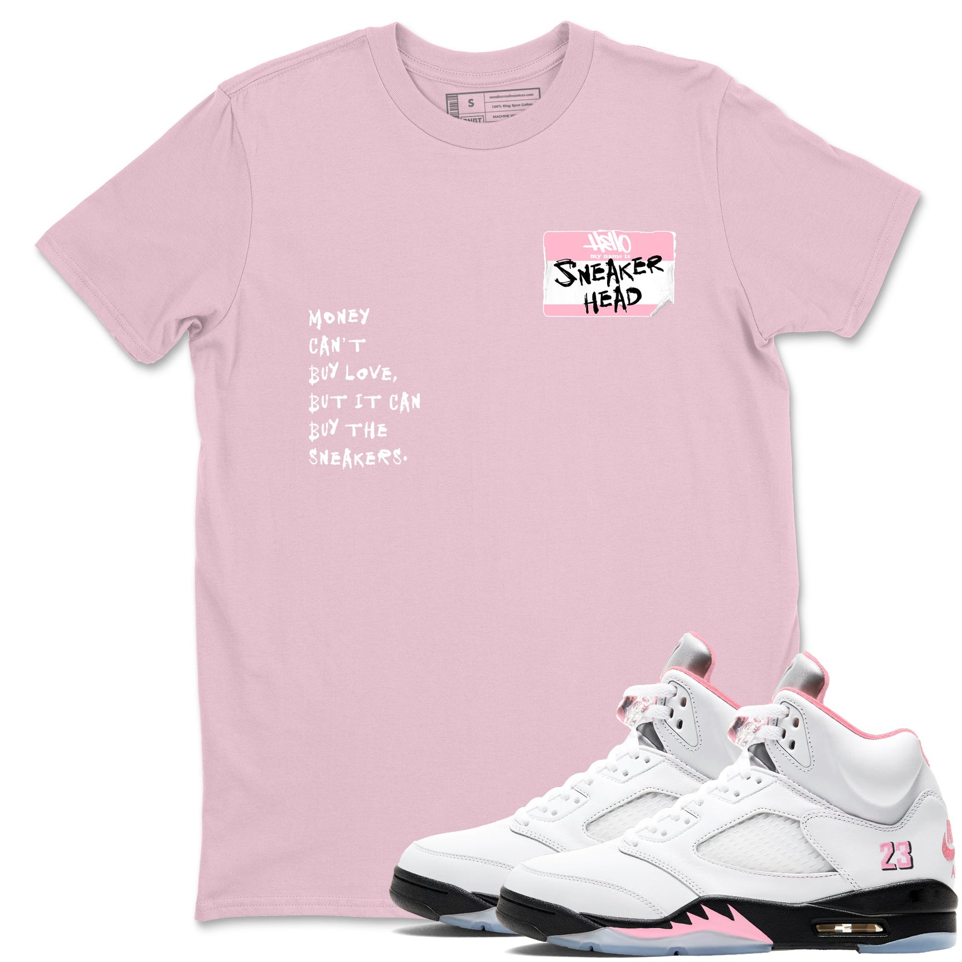 Sneaker match tees – Sneaker Tees To Match Air Jordan 5 Medium Soft Pink Shoes – Sneakerhead Badge Tee Pink 1