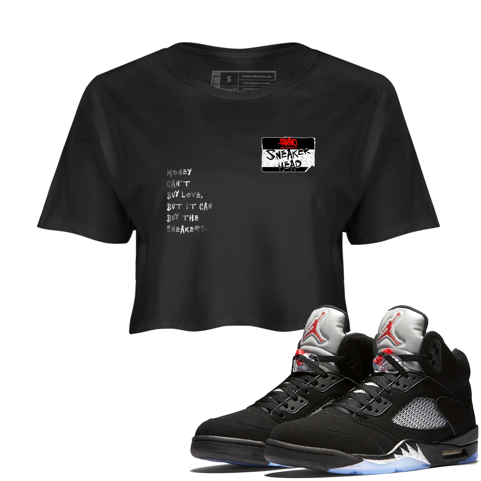 5s Black Metallic Reimagined shirts to match jordans Sneakerhead Badge best t shirts to wear with jordans AJ5 Retro OG Reimagined match shoes to clothes SNRT Sneaker Tees unisex cotton Black 1 crop tee