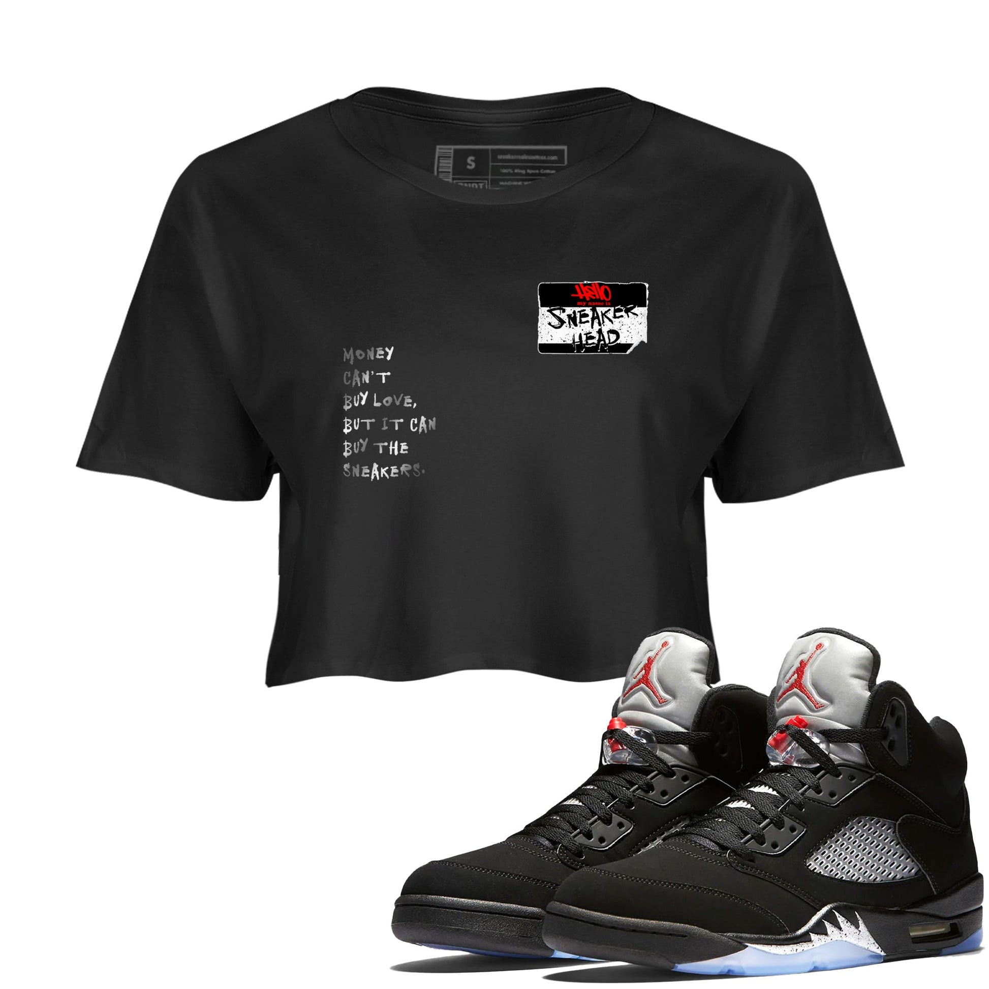 5s Black Metallic Reimagined shirts to match jordans Sneakerhead Badge best t shirts to wear with jordans AJ5 Retro OG Reimagined match shoes to clothes SNRT Sneaker Tees unisex cotton Black 1 crop tee