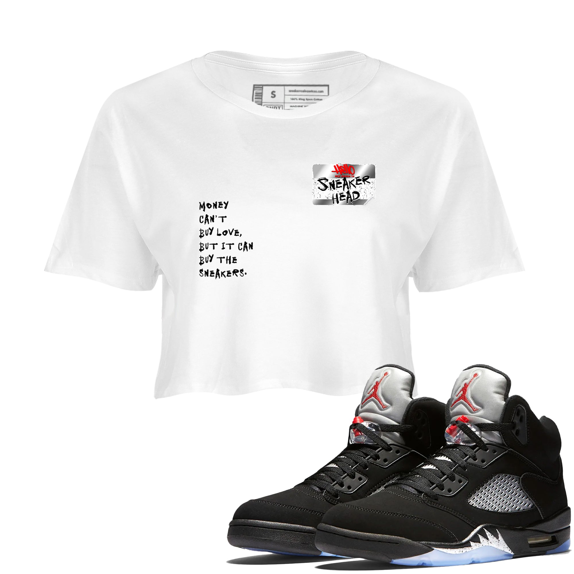 5s Black Metallic Reimagined shirts to match jordans Sneakerhead Badge best t shirts to wear with jordans AJ5 Retro OG Reimagined match shoes to clothes SNRT Sneaker Tees unisex cotton White 1 crop tee