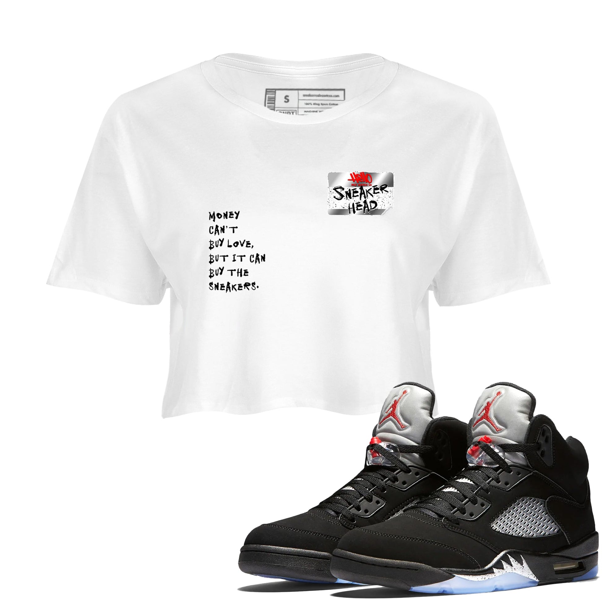 5s Black Metallic Reimagined shirts to match jordans Sneakerhead Badge best t shirts to wear with jordans AJ5 Retro OG Reimagined match shoes to clothes SNRT Sneaker Tees unisex cotton White 1 crop tee