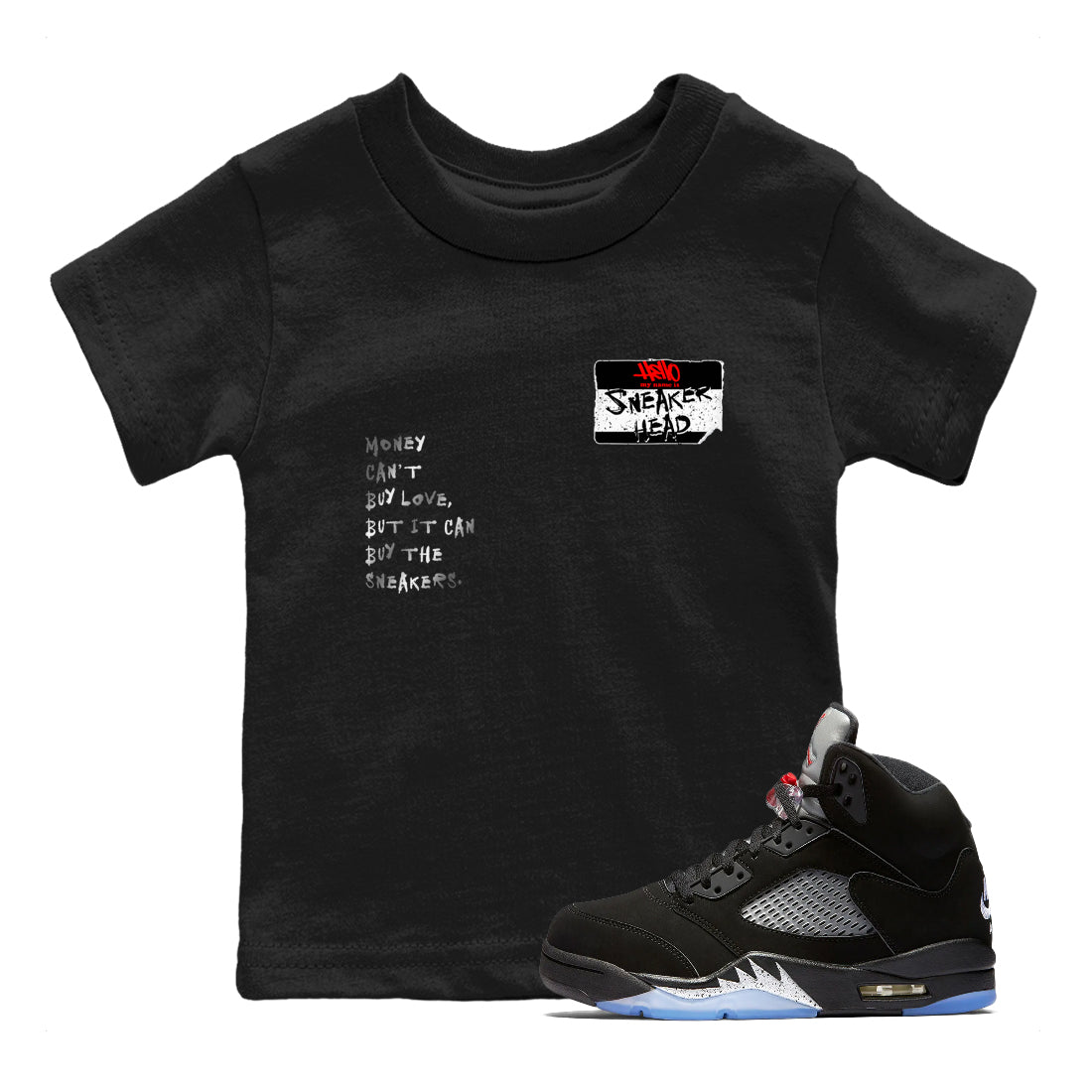 5s Black Metallic Reimagined shirts to match jordans Sneakerhead Badge best t shirts to wear with jordans AJ5 Retro OG Reimagined match shoes to clothes SNRT Sneaker Tees Youth Baby Black 1 tee