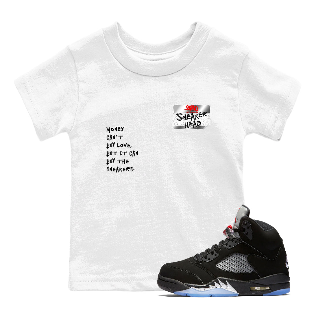 5s Black Metallic Reimagined shirts to match jordans Sneakerhead Badge best t shirts to wear with jordans AJ5 Retro OG Reimagined match shoes to clothes SNRT Sneaker Tees Youth Baby White 1 tee