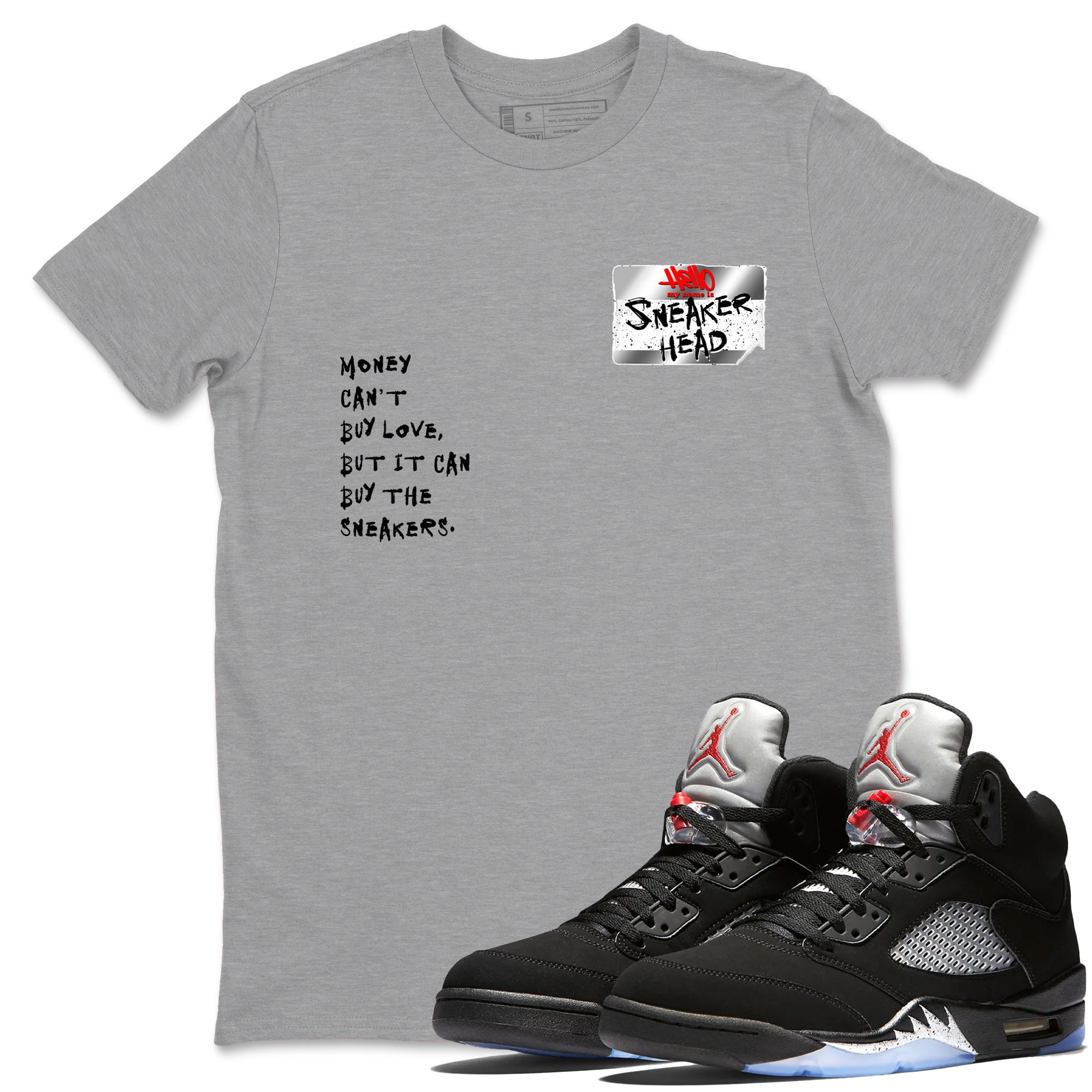 5s Black Metallic Reimagined shirts to match jordans Sneakerhead Badge best t shirts to wear with jordans AJ5 Retro OG Reimagined match shoes to clothes SNRT Sneaker Tees unisex cotton Heather Grey 1 shirts