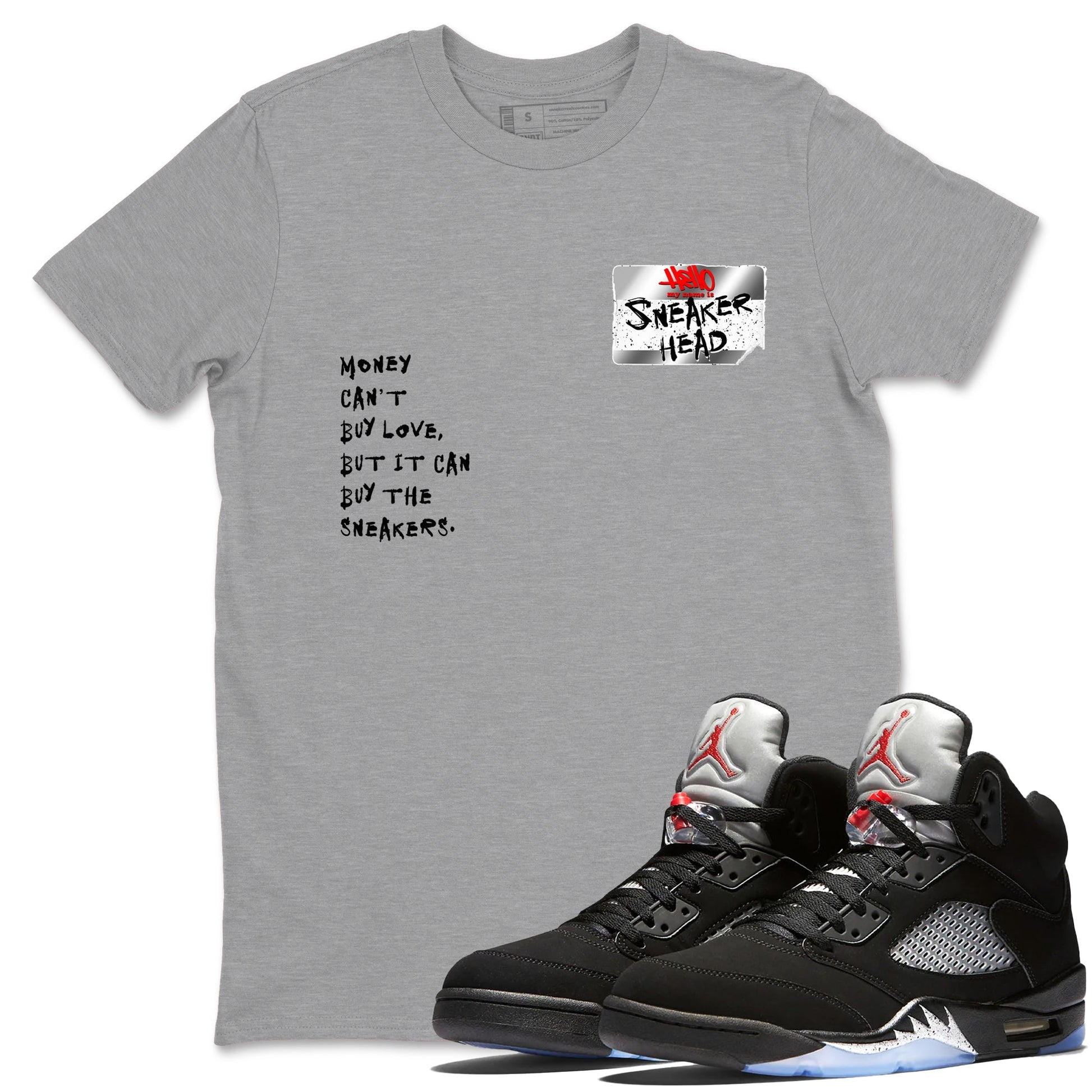 5s Black Metallic Reimagined shirts to match jordans Sneakerhead Badge best t shirts to wear with jordans AJ5 Retro OG Reimagined match shoes to clothes SNRT Sneaker Tees unisex cotton Heather Grey 1 shirts