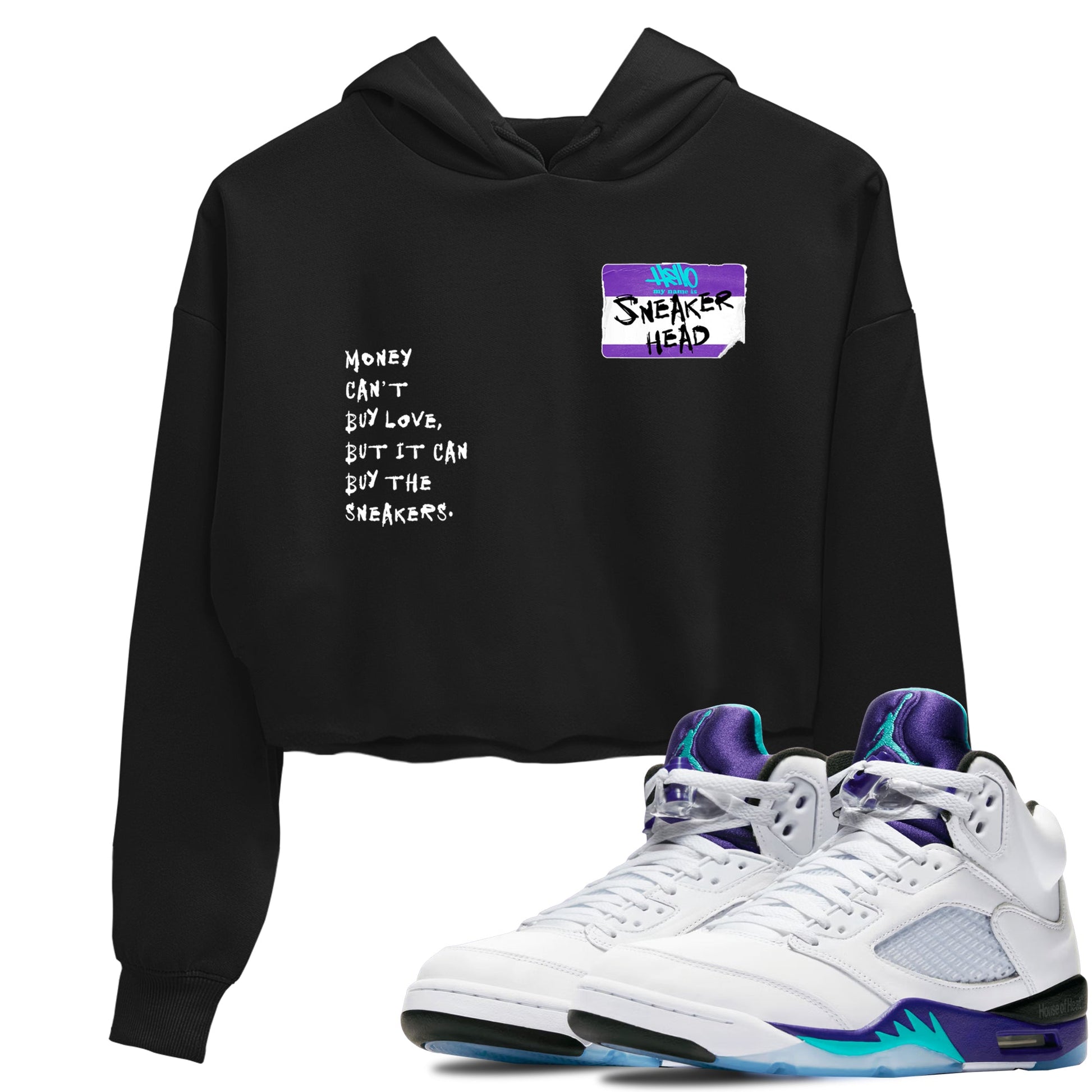 Sneakerhead Badge womens crop tee made to vibe with the Air Jordan 5 Grape sneakers — the perfect match in Black 1.