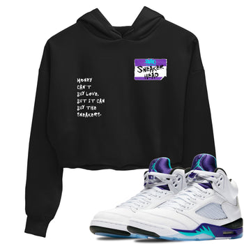 Sneakerhead Badge womens crop tee made to vibe with the Air Jordan 5 Grape sneakers — the perfect match in Black 1.