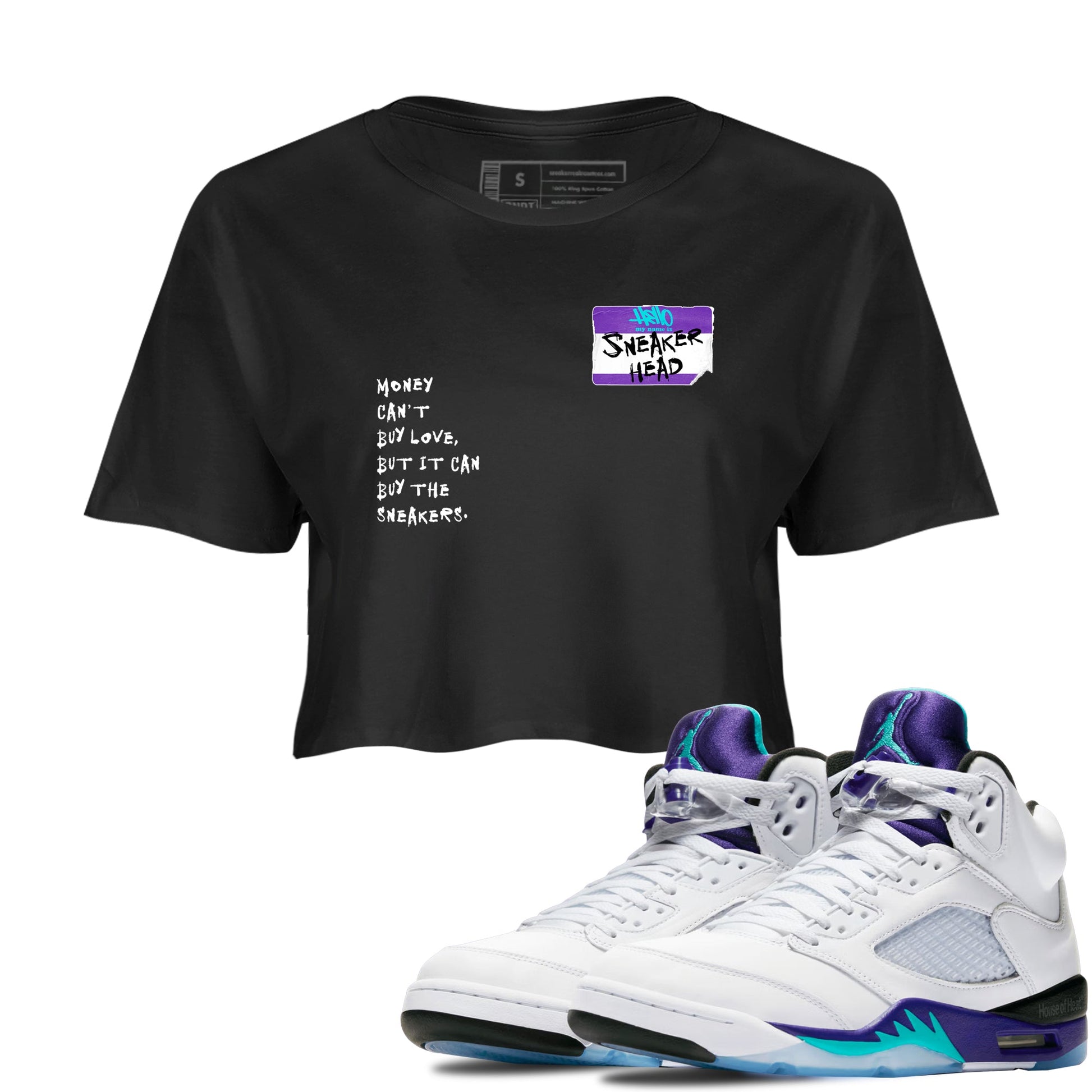 Sneakerhead Badge womens crop tee made to vibe with the Air Jordan 5 Grape sneakers — the perfect match in Black 1.