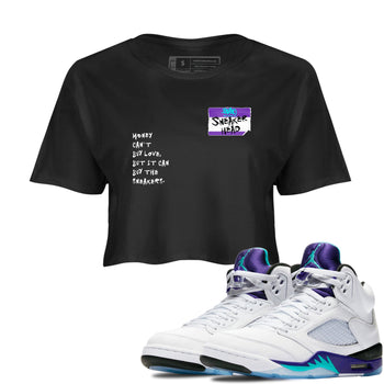 Sneakerhead Badge womens crop tee made to vibe with the Air Jordan 5 Grape sneakers — the perfect match in Black 1.