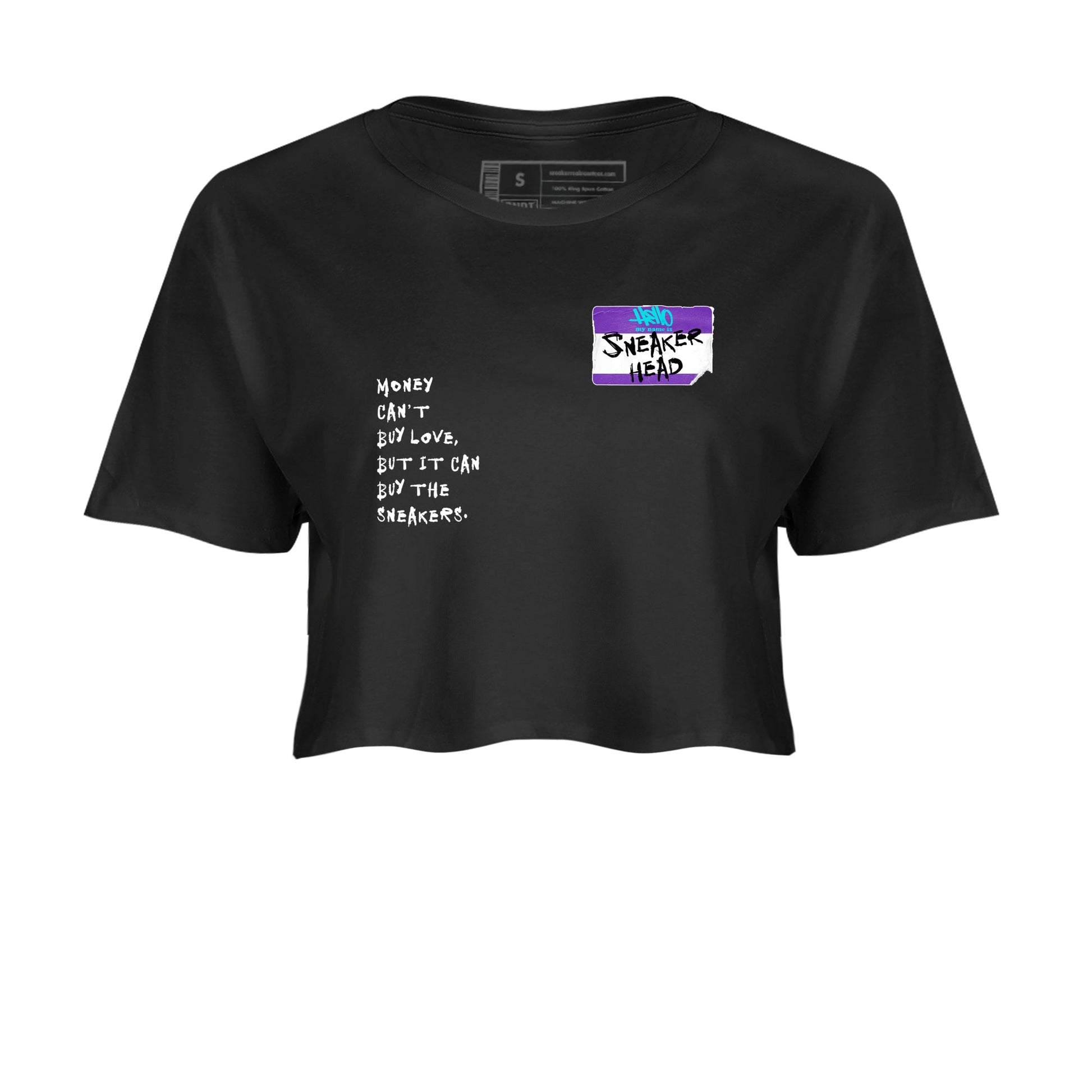 Sneakerhead Badge womens crop tee made to vibe with the Air Jordan 5 Grape sneakers — the perfect match in Black 2.