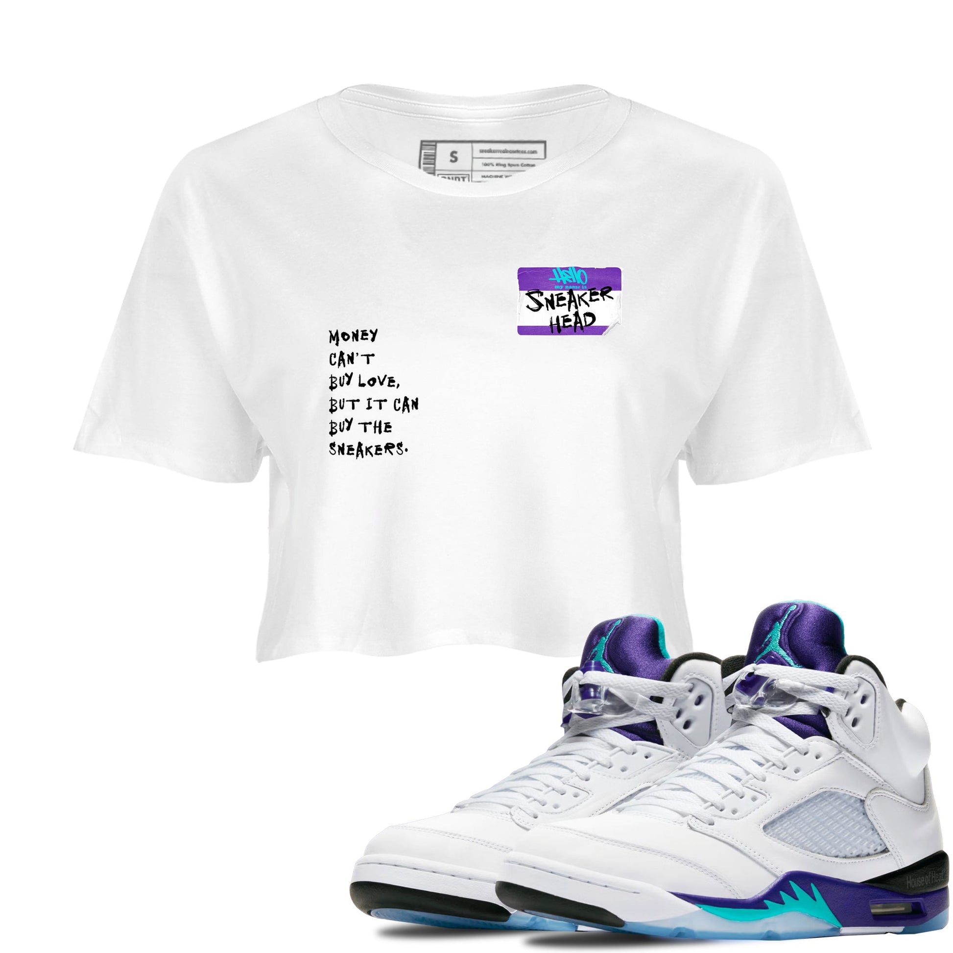 Sneakerhead Badge womens crop tee made to vibe with the Air Jordan 5 Grape sneakers — the perfect match in White 1.