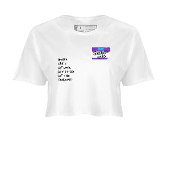 Sneakerhead Badge womens crop tee made to vibe with the Air Jordan 5 Grape sneakers — the perfect match in White 2.