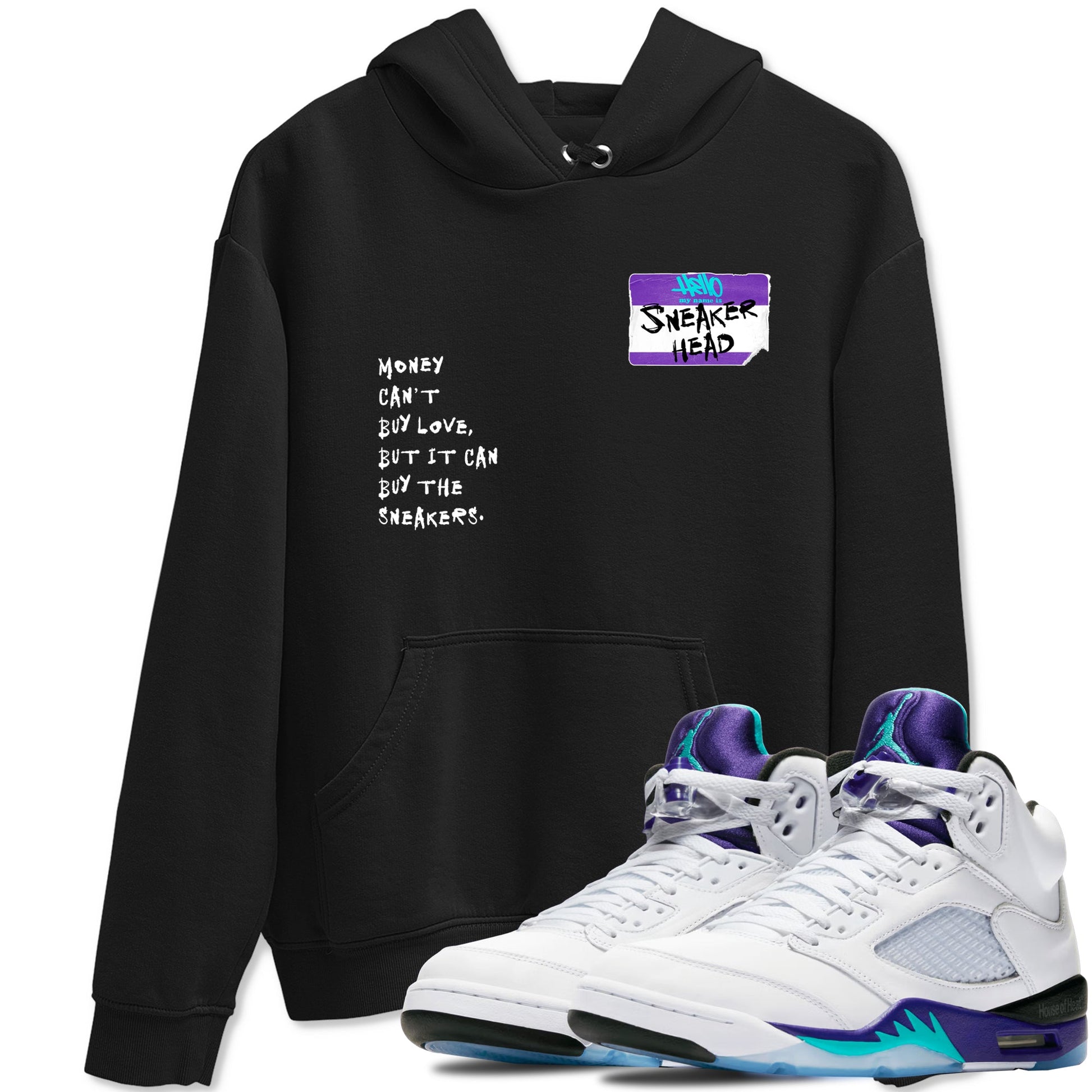 Sneakerhead Badge sneaker match t-shirt styled to complete your fit with the Air Jordan 5 Grape sneakers, shown in Black 1.