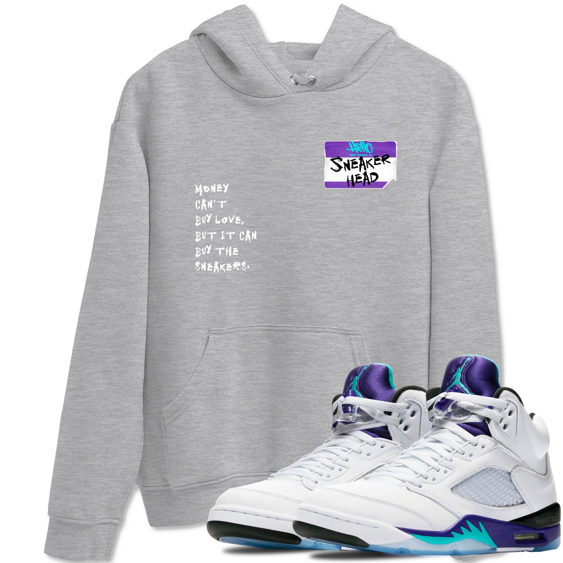 Sneakerhead Badge sneaker match t-shirt styled to complete your fit with the Air Jordan 5 Grape sneakers, shown in Heather Grey 1.