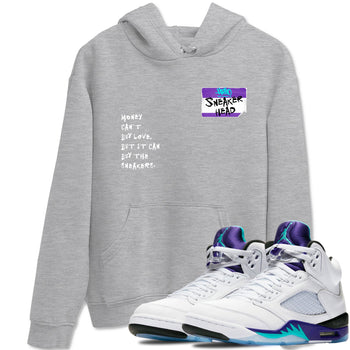Sneakerhead Badge sneaker match t-shirt styled to complete your fit with the Air Jordan 5 Grape sneakers, shown in Heather Grey 1.