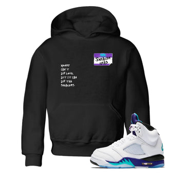 Sneakerhead Badge baby and kids t-shirt crafted for little sneakerheads to shine with the Air Jordan 5 Grape sneakers, displayed in Black 1.