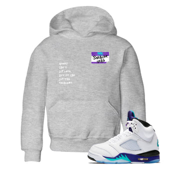 Sneakerhead Badge baby and kids t-shirt crafted for little sneakerheads to shine with the Air Jordan 5 Grape sneakers, displayed in Heather Grey 1.