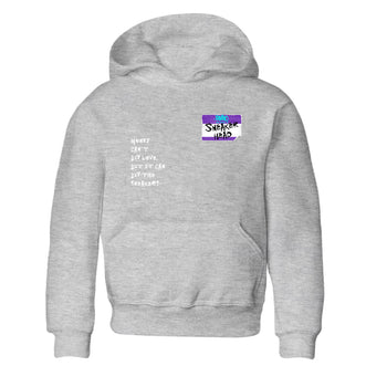 Sneakerhead Badge baby and kids t-shirt crafted for little sneakerheads to shine with the Air Jordan 5 Grape sneakers, displayed in Heather Grey 2.