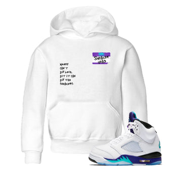 Sneakerhead Badge baby and kids t-shirt crafted for little sneakerheads to shine with the Air Jordan 5 Grape sneakers, displayed in White 1.