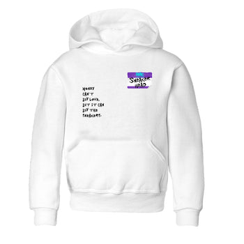 Sneakerhead Badge baby and kids t-shirt crafted for little sneakerheads to shine with the Air Jordan 5 Grape sneakers, displayed in White 2.
