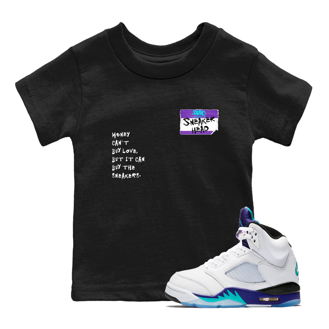 Sneakerhead Badge baby and kids t-shirt crafted for little sneakerheads to shine with the Air Jordan 5 Grape sneakers, displayed in Black 1.