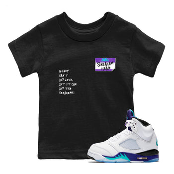 Sneakerhead Badge baby and kids t-shirt crafted for little sneakerheads to shine with the Air Jordan 5 Grape sneakers, displayed in Black 1.