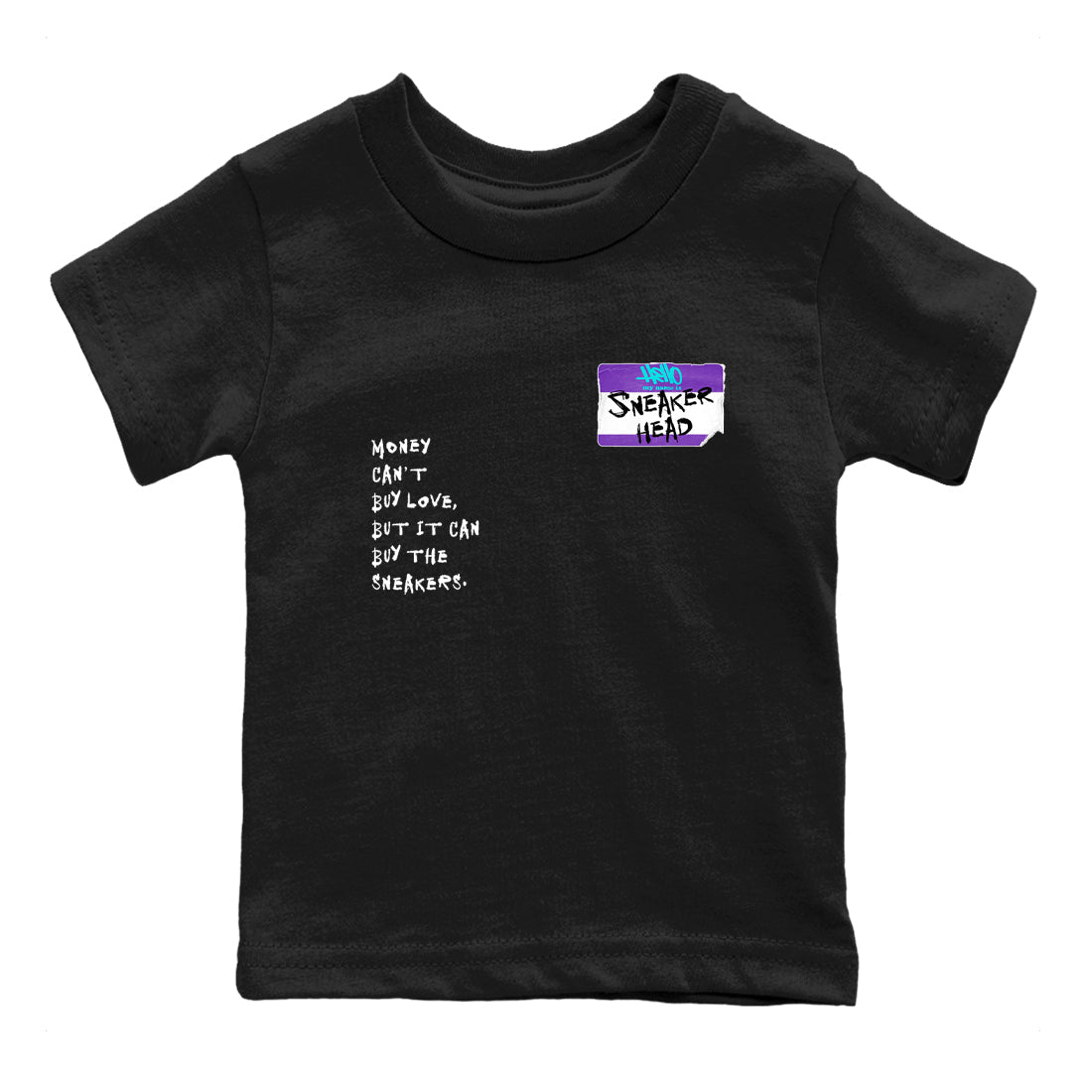 Sneakerhead Badge baby and kids t-shirt crafted for little sneakerheads to shine with the Air Jordan 5 Grape sneakers, displayed in Black 2.