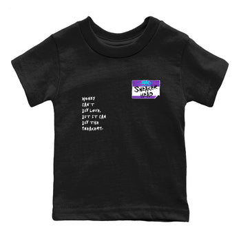 Sneakerhead Badge baby and kids t-shirt crafted for little sneakerheads to shine with the Air Jordan 5 Grape sneakers, displayed in Black 2.