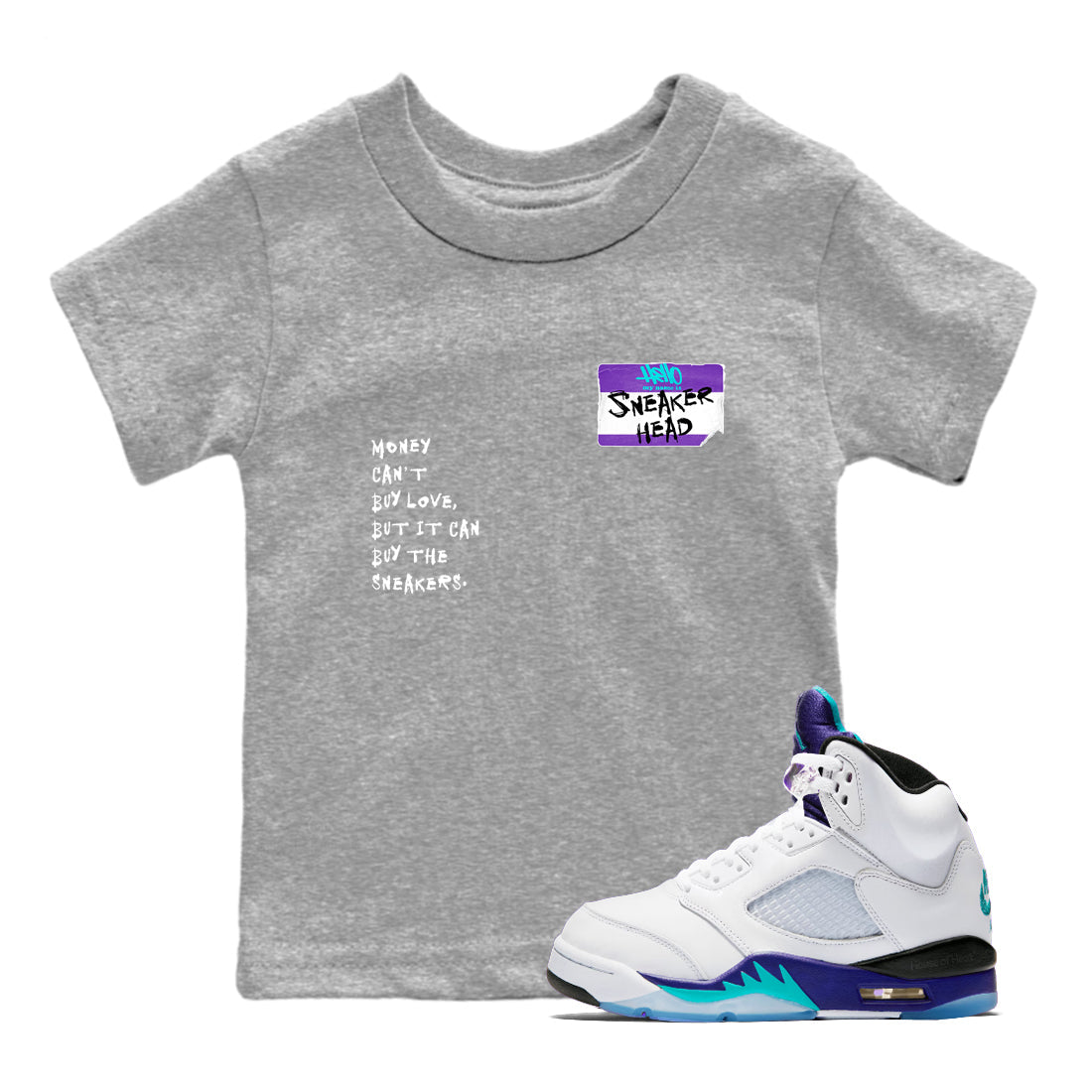Sneakerhead Badge baby and kids t-shirt crafted for little sneakerheads to shine with the Air Jordan 5 Grape sneakers, displayed in Heather Grey 1.