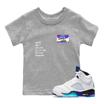 Sneakerhead Badge baby and kids t-shirt crafted for little sneakerheads to shine with the Air Jordan 5 Grape sneakers, displayed in Heather Grey 1.