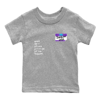 Sneakerhead Badge baby and kids t-shirt crafted for little sneakerheads to shine with the Air Jordan 5 Grape sneakers, displayed in Heather Grey 2.