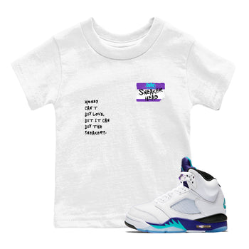Sneakerhead Badge baby and kids t-shirt crafted for little sneakerheads to shine with the Air Jordan 5 Grape sneakers, displayed in White 1.