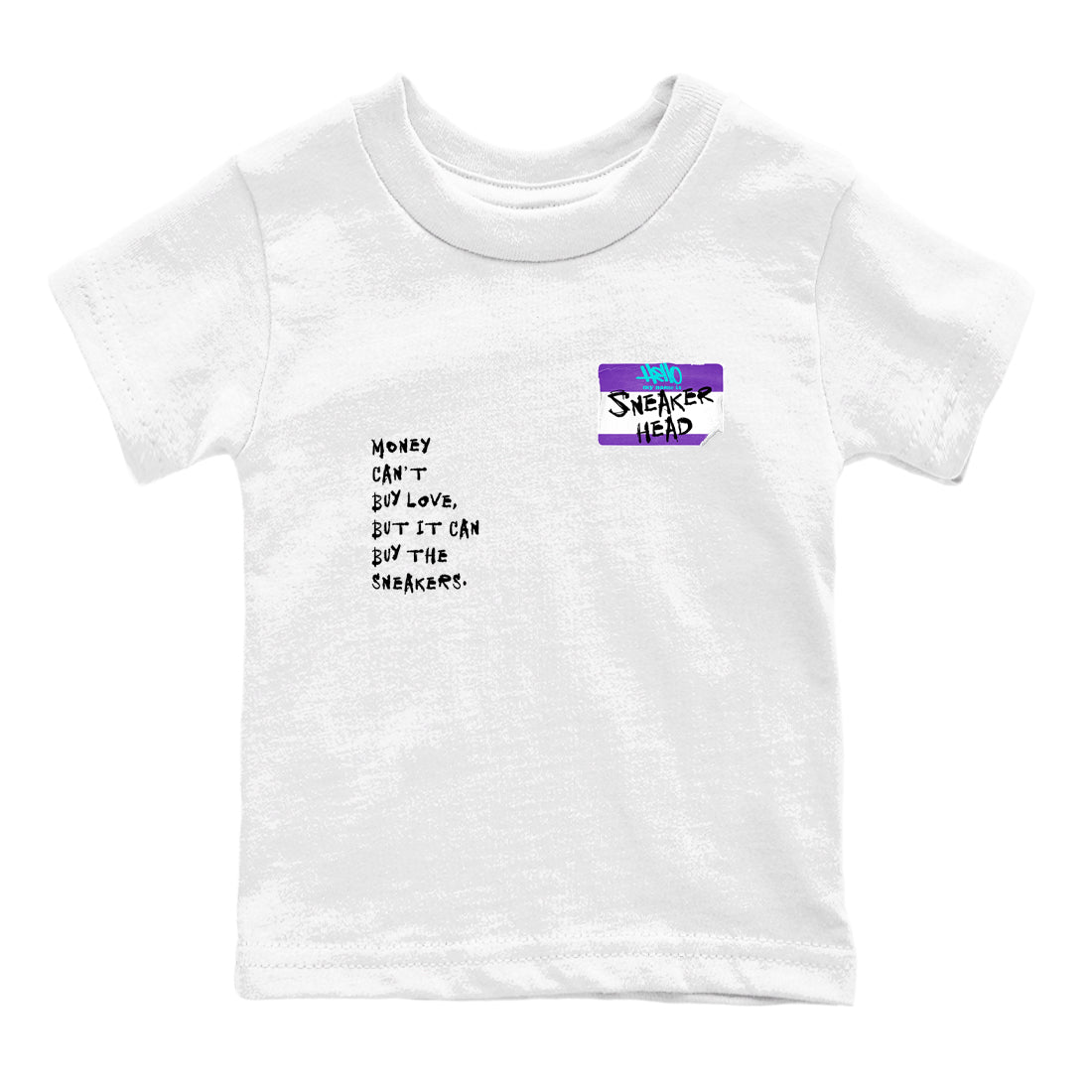 Sneakerhead Badge baby and kids t-shirt crafted for little sneakerheads to shine with the Air Jordan 5 Grape sneakers, displayed in White 2.