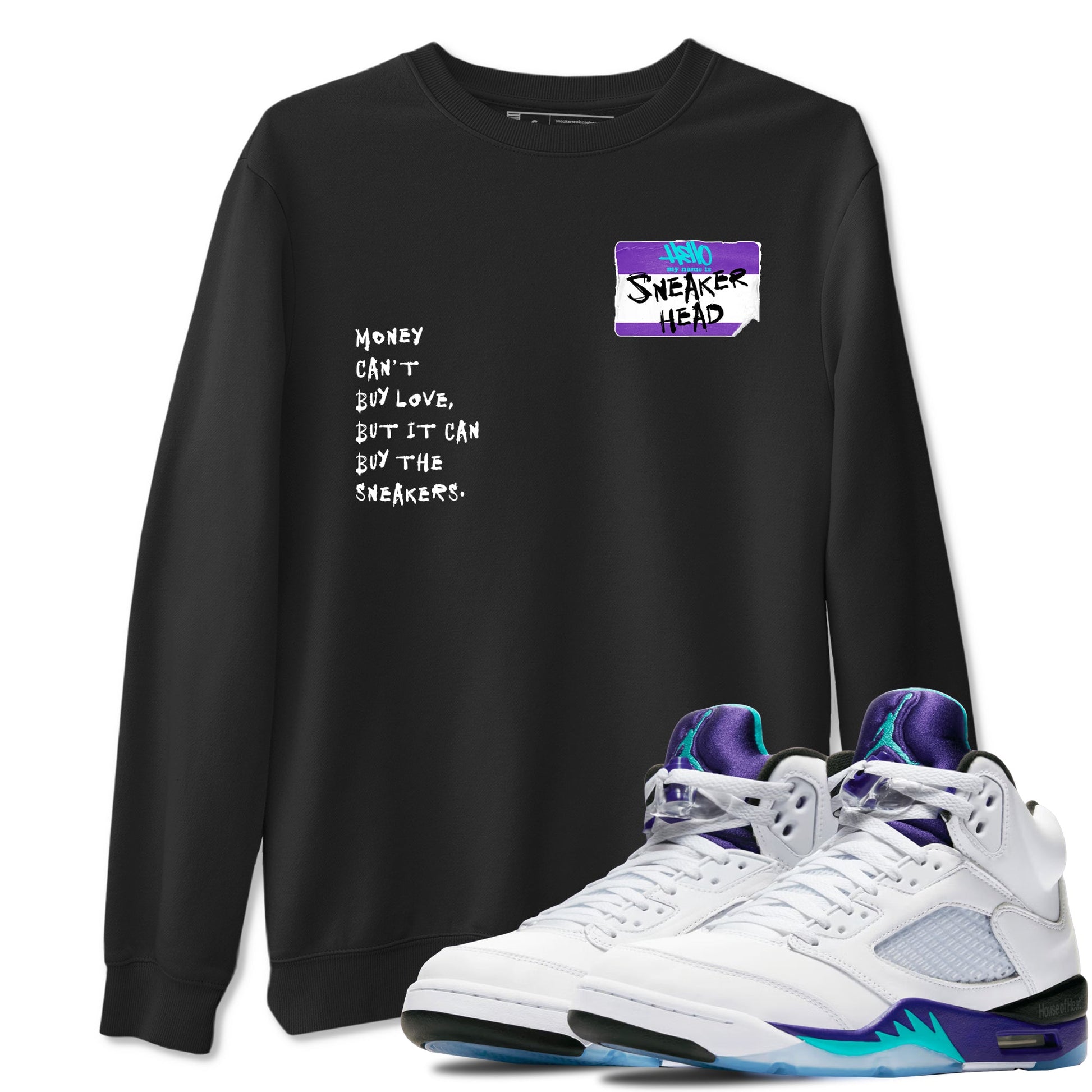 Sneakerhead Badge sneaker match t-shirt styled to complete your fit with the Air Jordan 5 Grape sneakers, shown in Black 1.