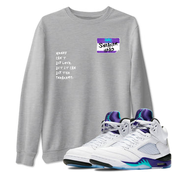 Sneakerhead Badge sneaker match t-shirt styled to complete your fit with the Air Jordan 5 Grape sneakers, shown in Heather Grey 1.