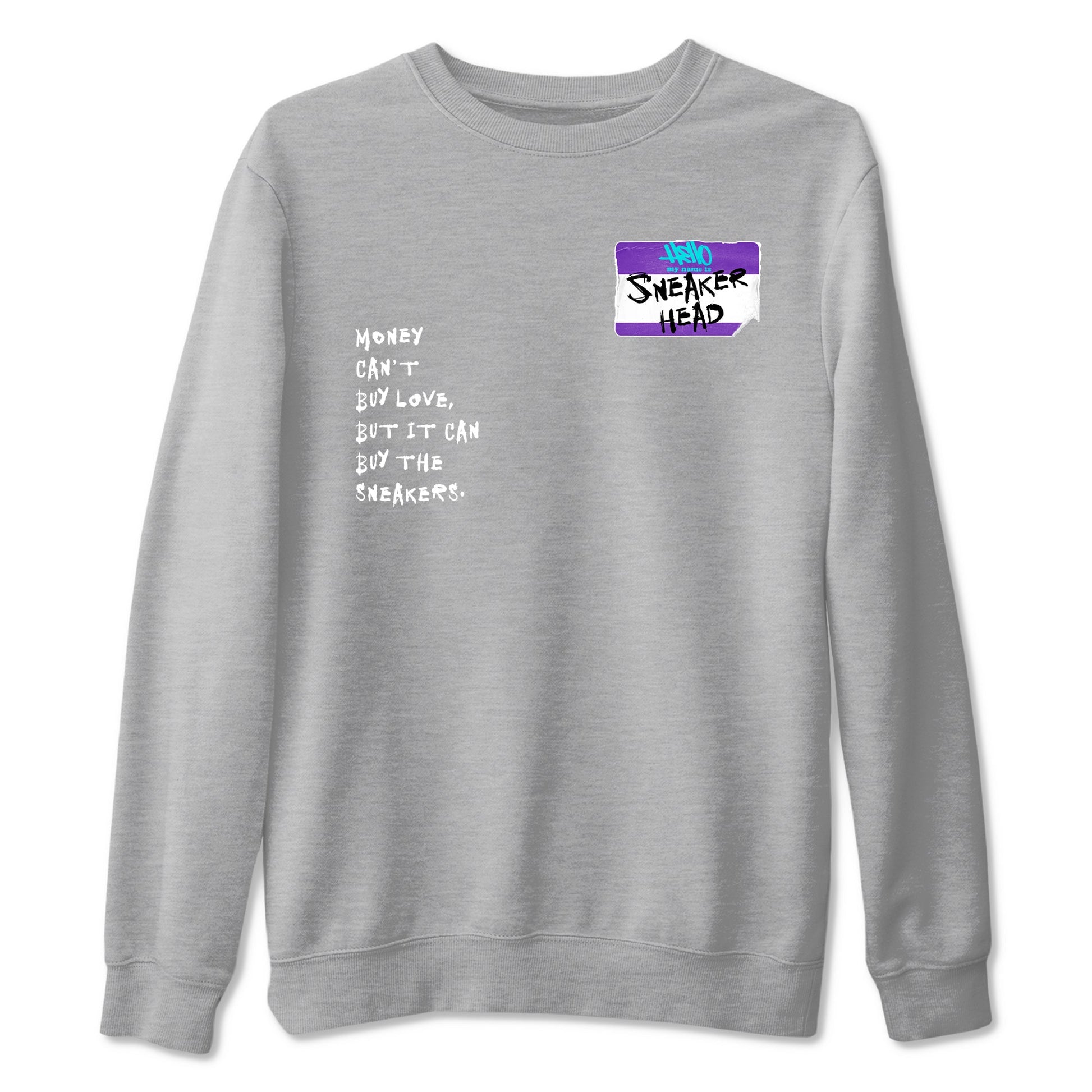 Sneakerhead Badge sneaker match t-shirt styled to complete your fit with the Air Jordan 5 Grape sneakers, shown in Heather Grey 2.