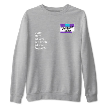 Sneakerhead Badge sneaker match t-shirt styled to complete your fit with the Air Jordan 5 Grape sneakers, shown in Heather Grey 2.