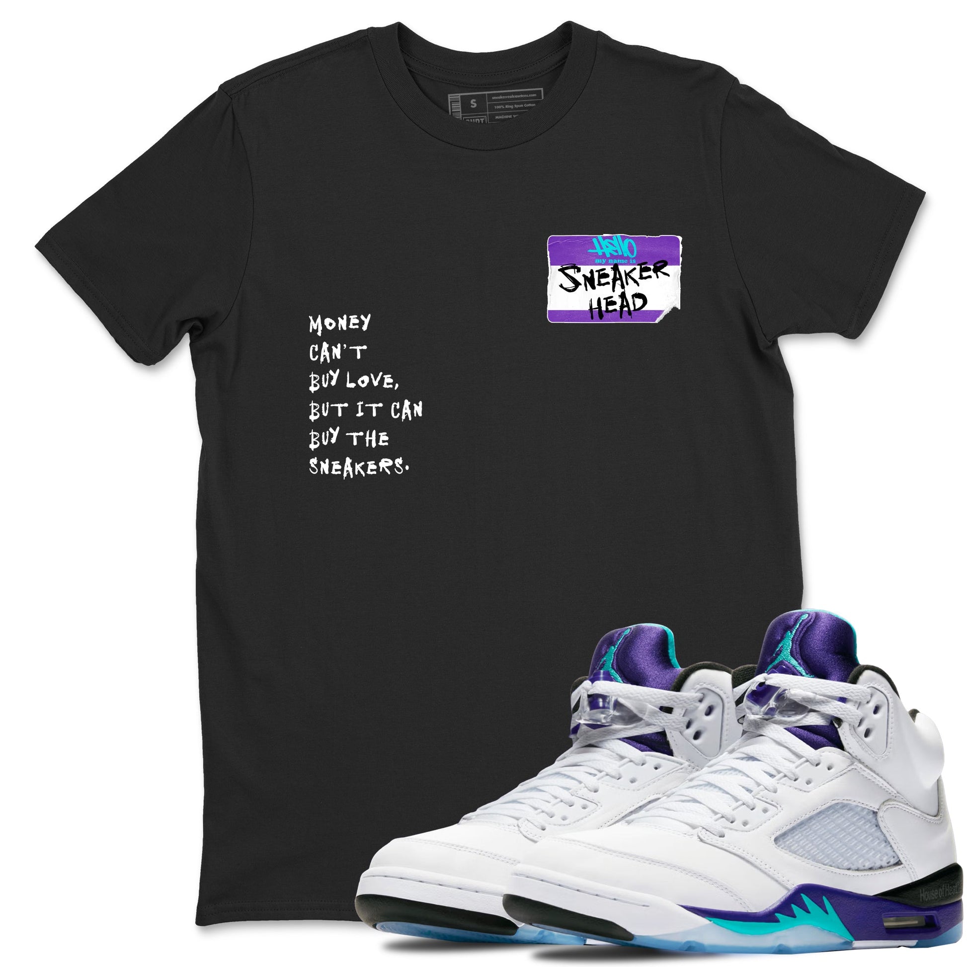 Sneakerhead Badge sneaker match t-shirt styled to complete your fit with the Air Jordan 5 Grape sneakers, shown in Black 1.